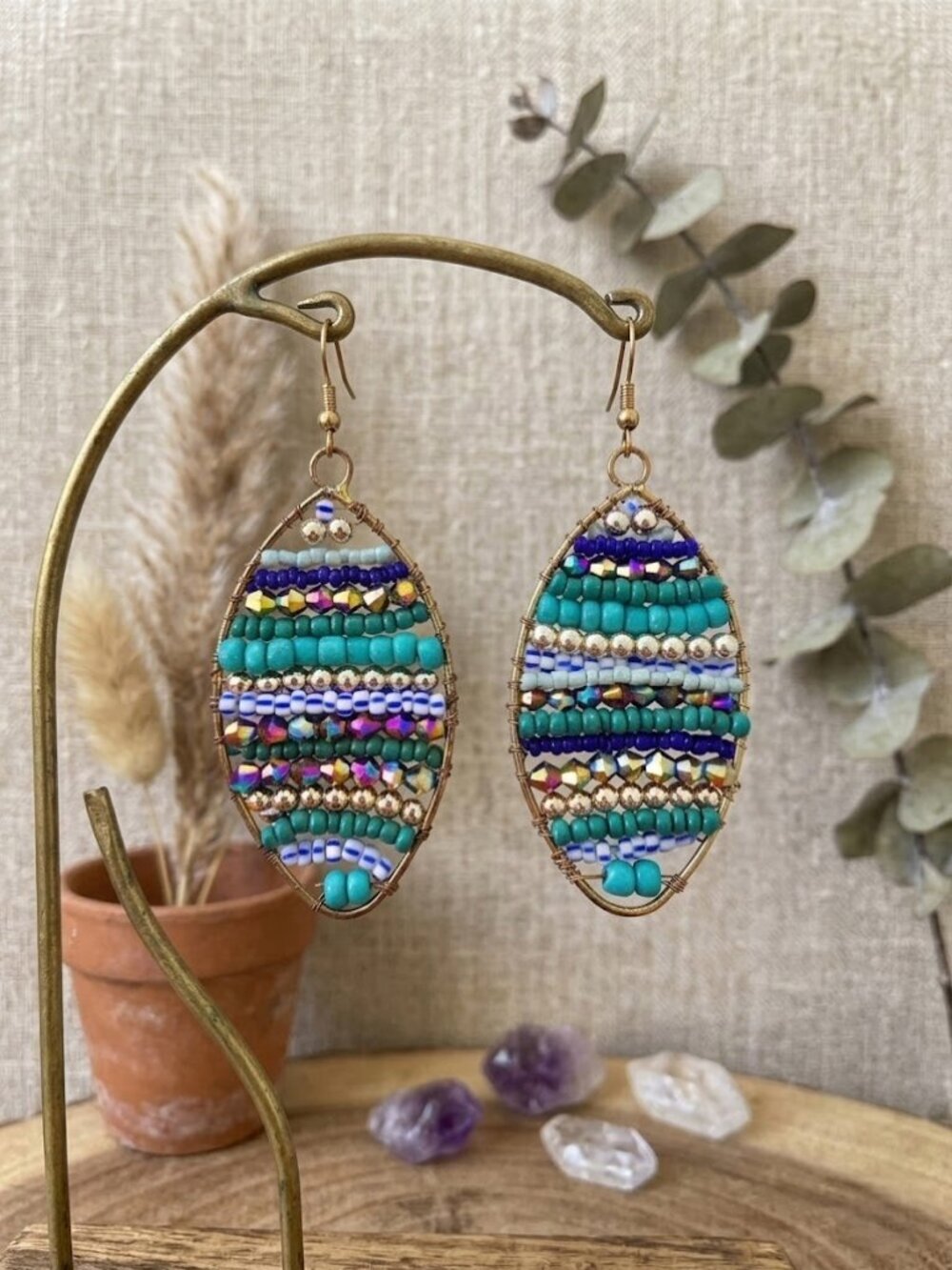 Artisan Glass Bead Squash Tail Earrings Turquoise Blue Gold Coastal Boho 3.25in